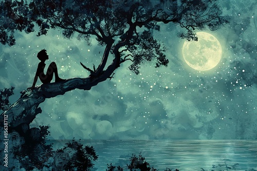 Peter Pan perched on a tree branch in Neverland, looking thoughtful as he gazes at the moonlit sea