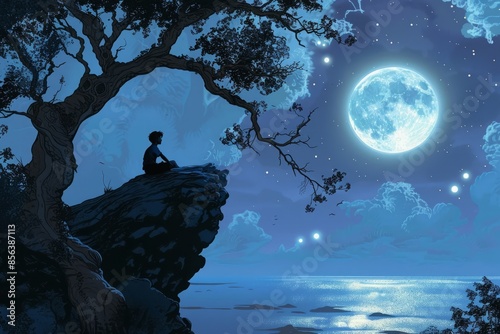 Peter Pan perched on a tree branch in Neverland, looking thoughtful as he gazes at the moonlit sea. 