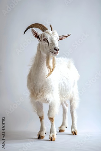 the beside view Etawah Goat standing, left side view, white copy space on right isolated on white background photo