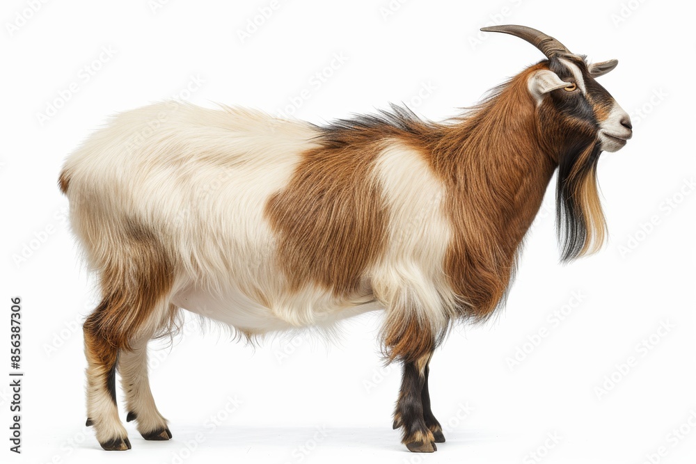 the beside view Saanen Goat standing, left side view, white copy space on right isolated on white background the beside view Saanen Goat standing, left side view, white copy space on right isolated on white background