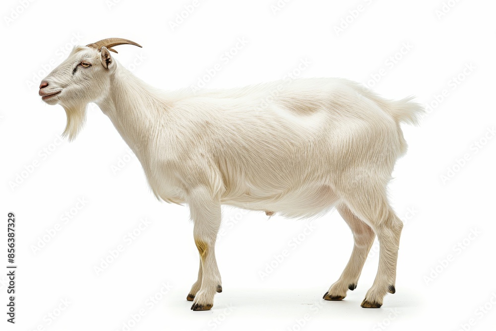 the beside view Toggenburg Goat standing, left side view, white copy space on right isolated on white background the beside view Toggenburg Goat standing, left side view, white copy space on right isolated on white background
