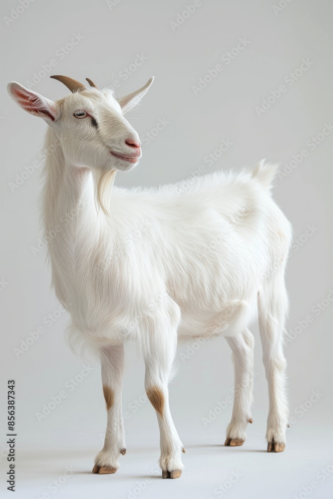 the beside view Toggenburg Goat standing, left side view, white copy space on right isolated on white background the beside view Toggenburg Goat standing, left side view, white copy space on right isolated on white background