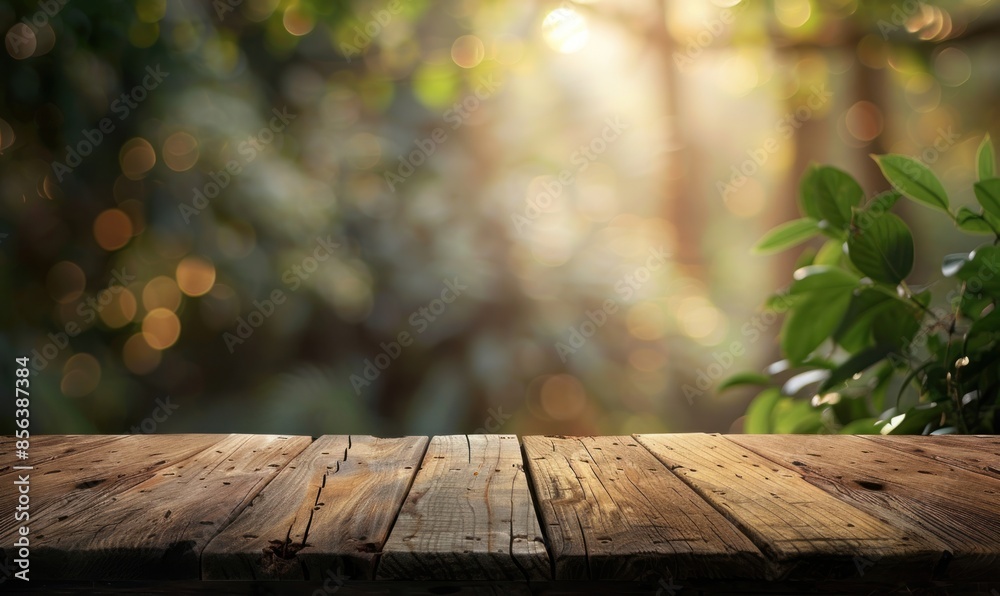 Wooden Tabletop with Blurred Green Background. Standing Platform Display Product. Nature Concept Wooden Tabletop with Blurred Green Background. Standing Platform Display Product. Nature Concept