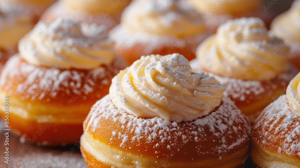 Donuts being filled with creamy vanilla. National Doughnut Day concept. Donuts being filled with creamy vanilla. National Doughnut Day concept.