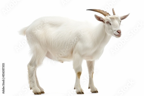 the beside view Saanen Goat standing, left side view, white copy space on right isolated on white background