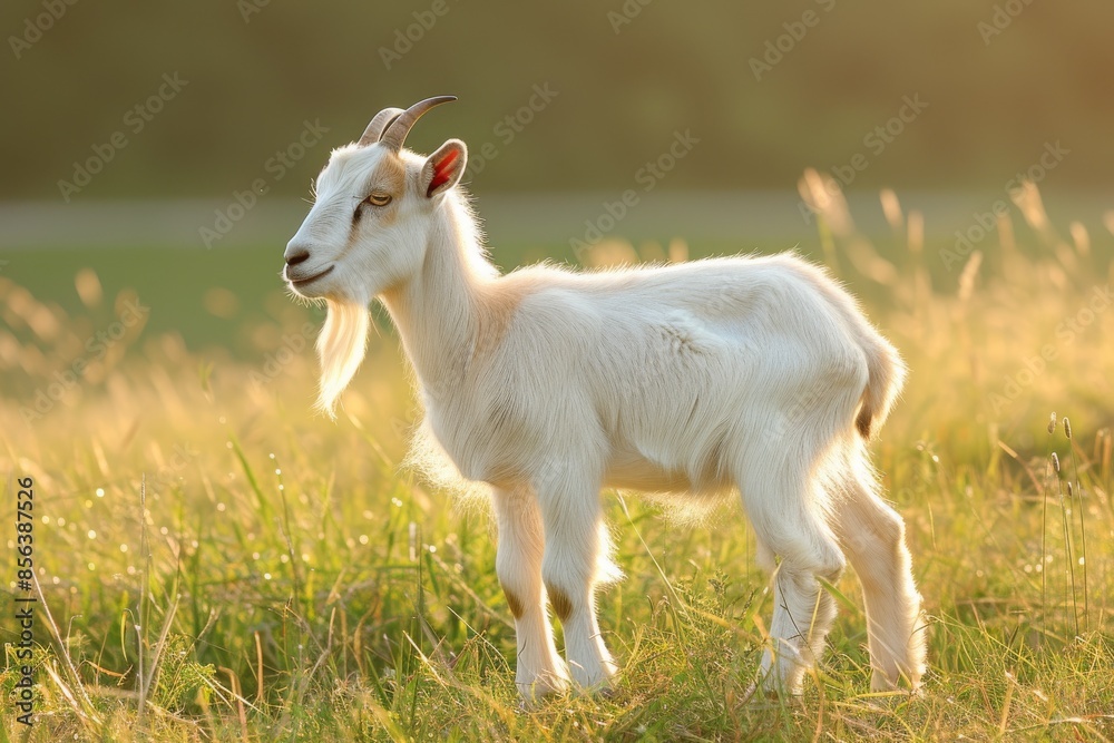 Fototapeta premium View from side body of a Alpine goat standing on grass, Awe-inspiring, Full body shot ::2 Side Angle View