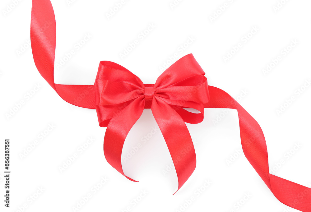 Red satin ribbon with bow isolated on white, top view Red satin ribbon with bow isolated on white, top view