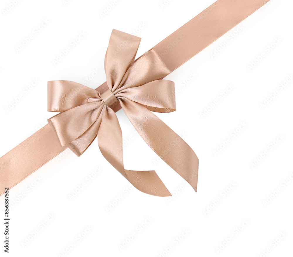 Golden satin ribbon with bow isolated on white, top view Golden satin ribbon with bow isolated on white, top view