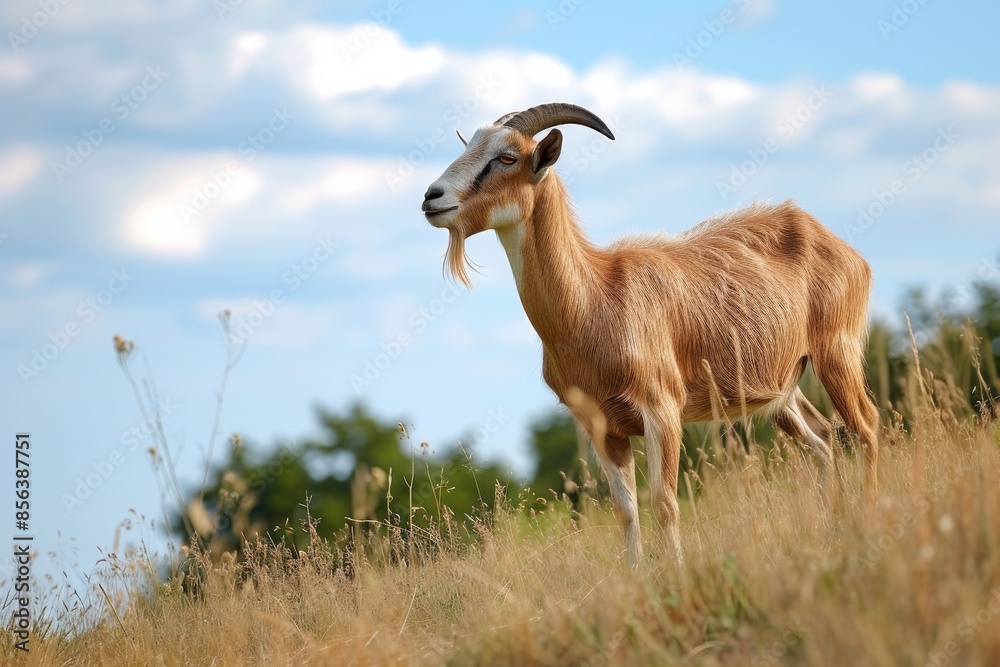 Obraz premium View from side body of a Etawah goat standing on grass, Awe-inspiring, Full body shot ::2 Side Angle View