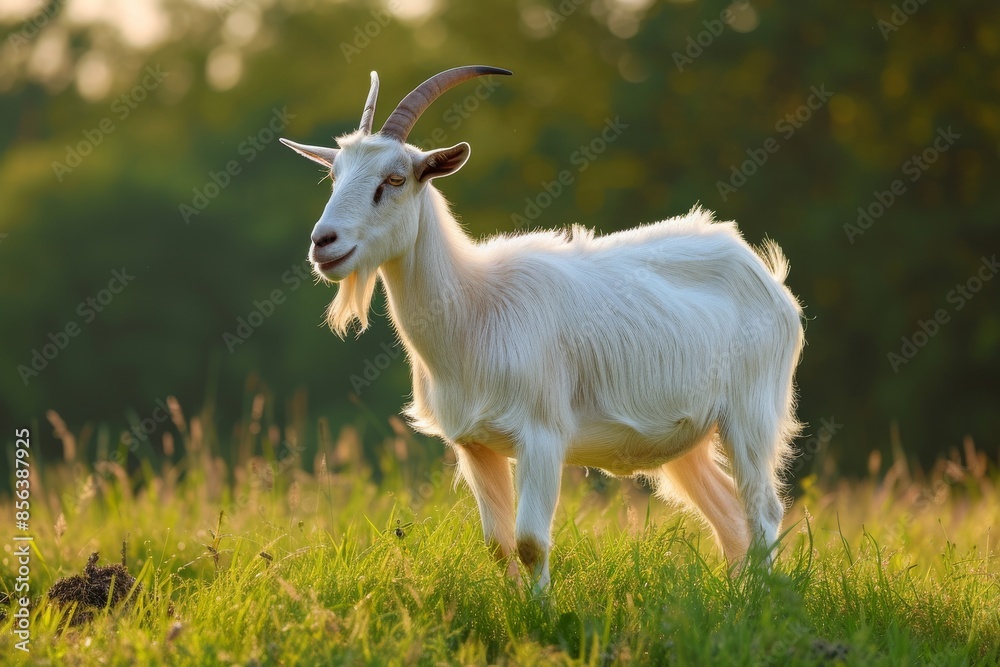 Fototapeta premium View from side body of a three Etawah goat standing on grass, Awe-inspiring, Full body shot ::2 Side Angle View