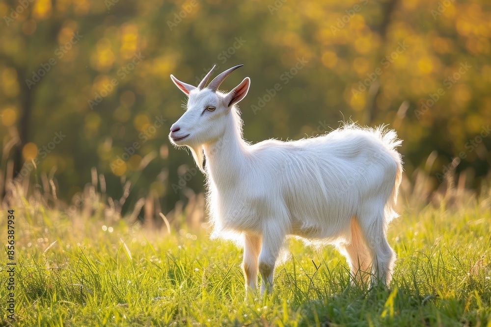 Fototapeta premium View from side body of a three Kacang goat standing on grass, Awe-inspiring, Full body shot ::2 Side Angle View