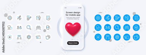Phone mockup with 3d heart icon. Boarding pass, Chat app and Checkbox line icons. Pack of Fish grill, Chef, Fake information icon. Chemistry beaker, Research, Clean skin pictogram. Vector