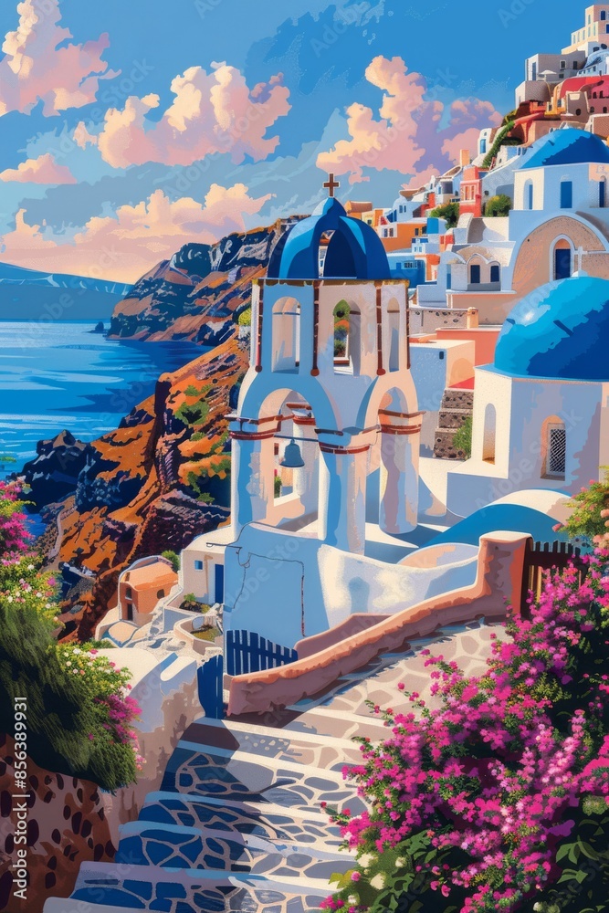 Obraz premium Scheap paint by numbers picture of Santorini, vector illustration, cute, greek architecture, beautiful colors, white buildings with blue domes on the cliffside overlooking ocean, flowers and trees in