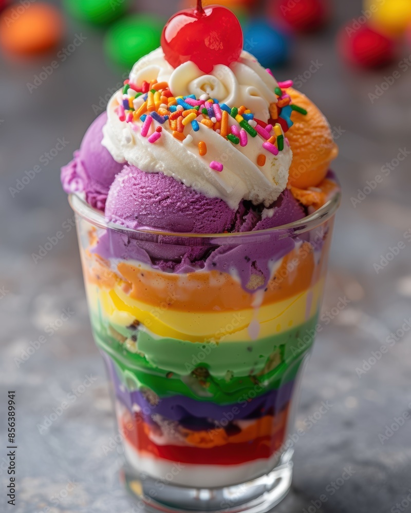 Colorful layered ice cream sundae with sprinkles and a cherry on top Colorful layered ice cream sundae with sprinkles and a cherry on top