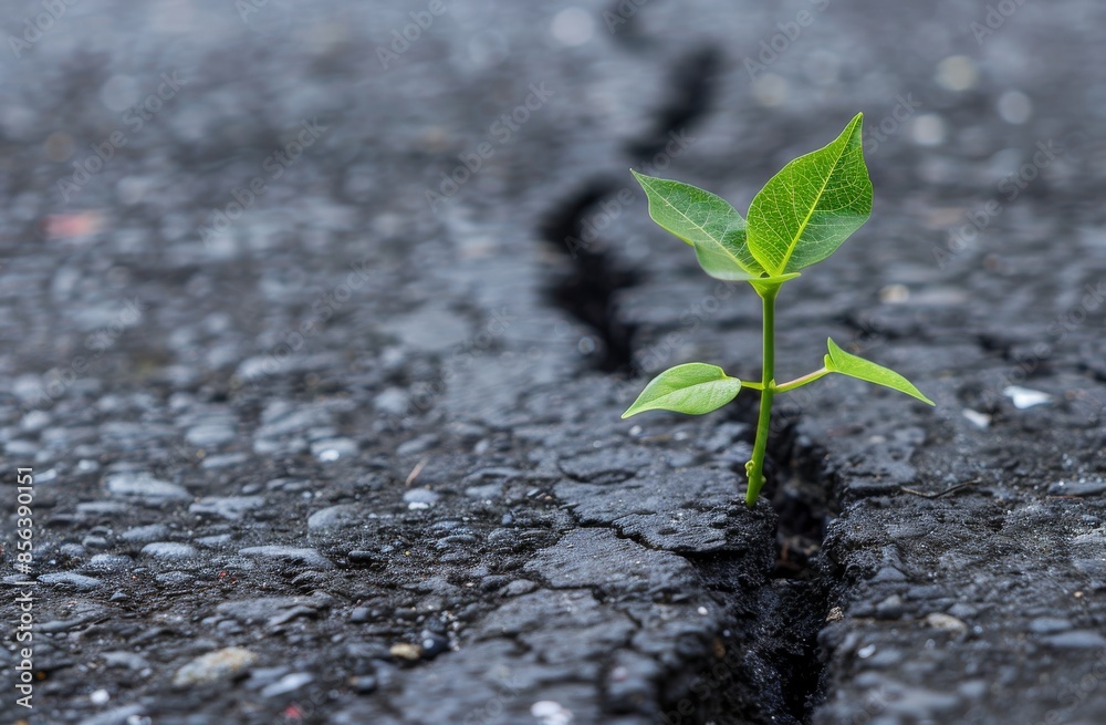 Copy space and close up of a plant growing out of a crack in the asphalt road Copy space and close up of a plant growing out of a crack in the asphalt road