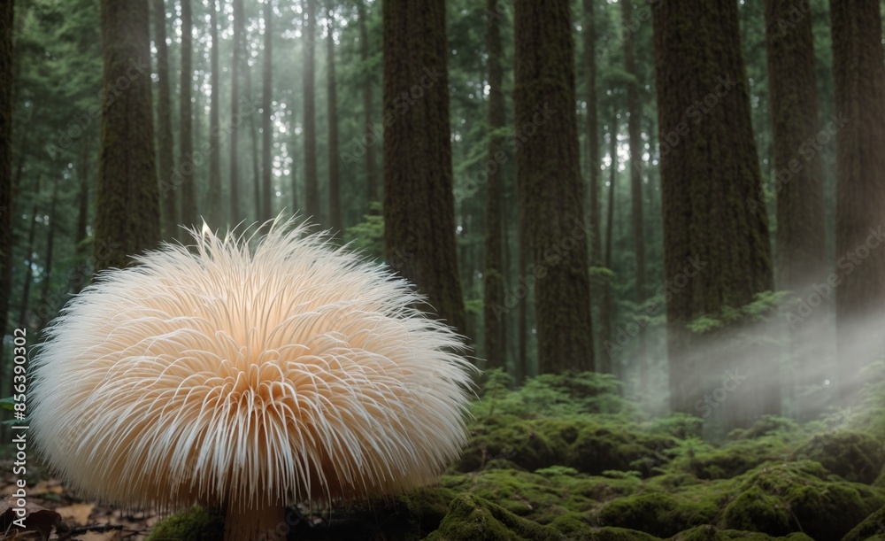 Obraz premium A conceptual image of the Lion's Mane mushroom in the forest. Biohacking. Banner, poster, background, copy space. Close-up.