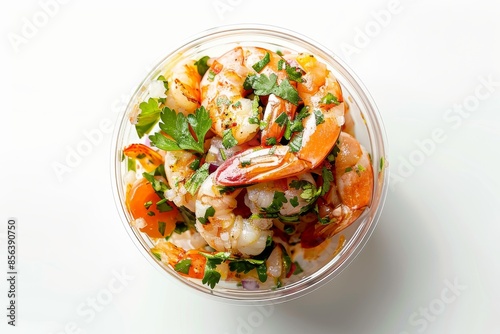 Top down point of view mexican seafood Cevice in plastic cup, white background  photo