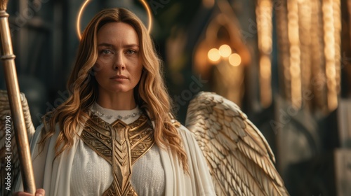 angelic warrior woman with golden armor and wings photo