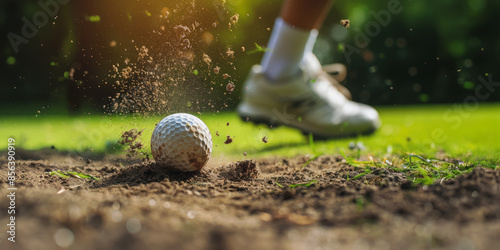 A golfers foot strikes a golf ball on the fairway photo