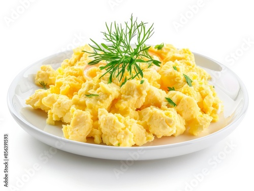 Ultra realistic, Scrambled eggs on the modern plate, Unsplash, Isolated, on white background 