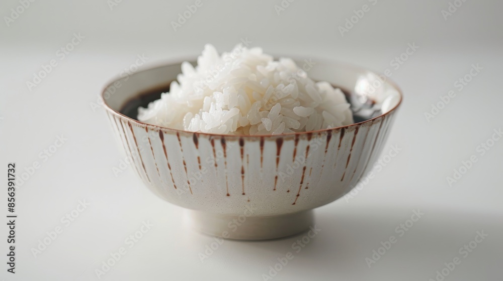 White bowl with glossy coated rice and soy sauce, shallow depth of field 