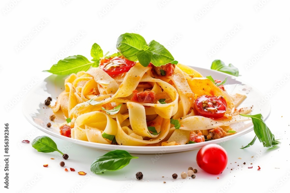 Commercial Food Photography: Gourmet Pasta Dish with freshly made pasta | IMPORTANT PARAMETERS: Isolated on a White Background, full-frame photo shoot, ground-level low angle photo shoot | GENRE: Casu Commercial Food Photography: Gourmet Pasta Dish with freshly made pasta | IMPORTANT PARAMETERS: Isolated on a White Background, full-frame photo shoot, ground-level low angle photo shoot | GENRE: Casu