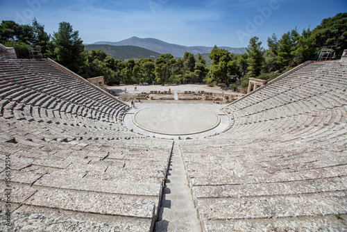 The Epidaurus Ancient Theatre is a theatre in the Greek old city of Epidaurus dedicated to the ancient Greek God of medicine, Asclepius. photo