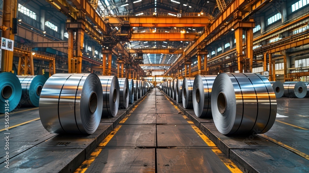 Interior of a large industrial warehouse with rows of metallic rolls, showcasing the production and storage area for heavy industry. Interior of a large industrial warehouse with rows of metallic rolls, showcasing the production and storage area for heavy industry.