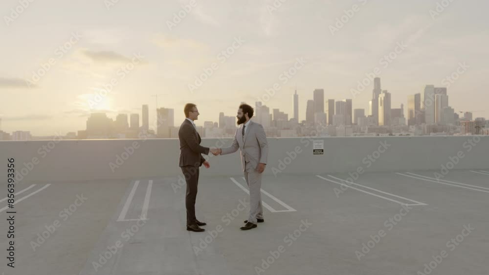 Two businessmen in business suits meet on a rooftop against a city ...