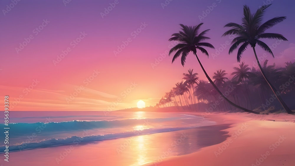 A serene summer beach scene at sunset, where the sky transitions through a gradient of vibrant summer colors, starting from deep orange near the horizon, blending into warm pinks. A serene summer beach scene at sunset, where the sky transitions through a gradient of vibrant summer colors, starting from deep orange near the horizon, blending into warm pinks.