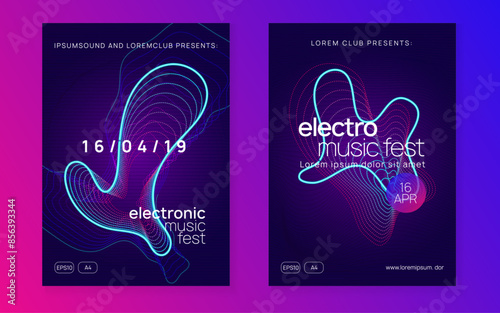 Sound Set. Dance Magazine. Nightclub Beat Illustration. Blue Discotheque Design. Violet Party Flyer. Night Club Electro Template. Concert Cover. Pink Sound Set
