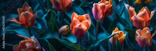 Beautiful orange parrot tulips blooming in a public flower garden in the Netherlands in spring. Dark moody image. photo