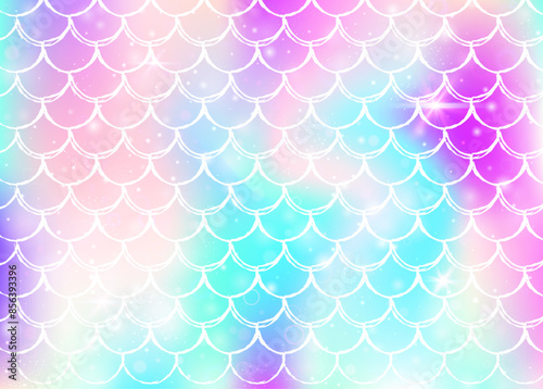 Kawaii mermaid background with princess rainbow scales pattern. Fish tail banner with magic sparkles and stars. Sea fantasy invitation for girlie party. Bright kawaii mermaid backdrop.