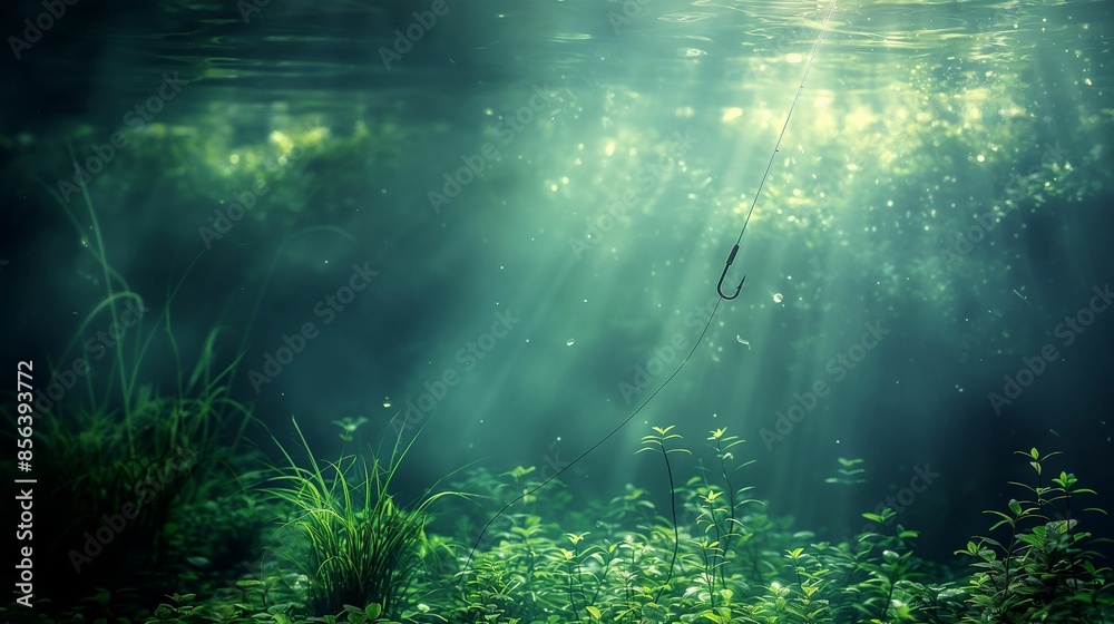 Fishing hook underwater surrounded by aquatic plants with sunlight streaming through. Fishing hook underwater surrounded by aquatic plants with sunlight streaming through.
