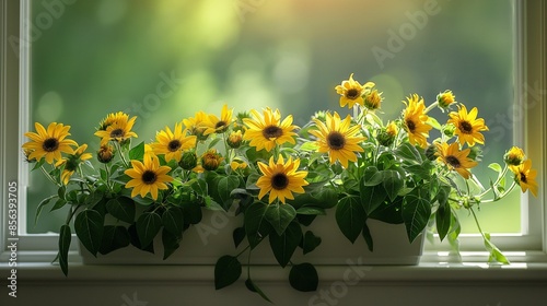 Sunflowers in a wooden planter on a windowsill with sunlight streaming through the window.