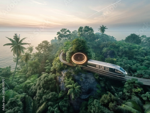 A train is traveling through a jungle with palm trees in the background. The train is surrounded by lush green foliage and the sky is a mix of blue and orange. The scene is serene and peaceful photo