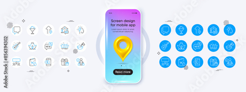 Phone mockup with 3d map pin icon. Phone payment, Petrol canister and Bid offer line icons. Pack of Brainstorming, Energy growing, Meeting icon. Vector