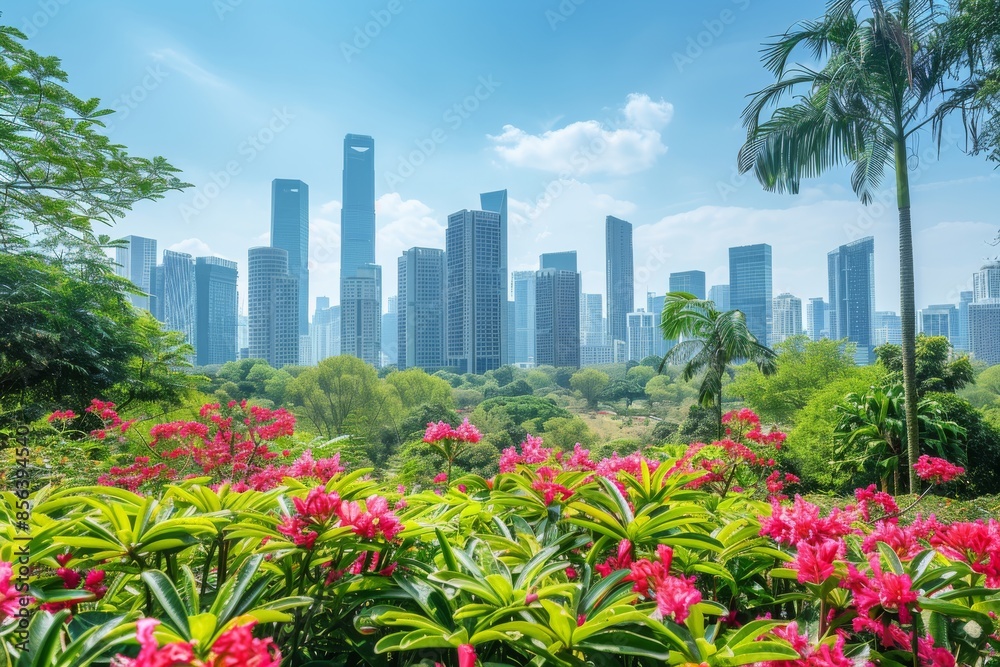 Fototapeta premium A breathtaking view of a modern city skyline with lush greenery and flowers in the foreground