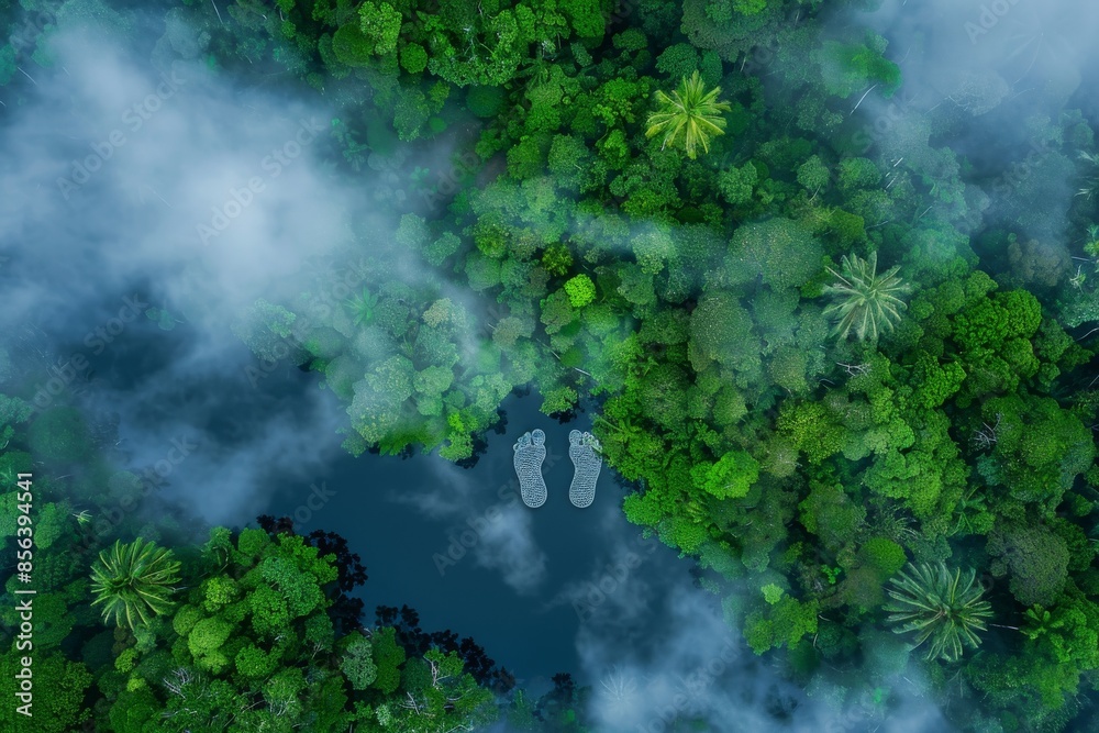Three-dimensional rendering of a lake shaped like human footprints in the middle of a lush forest, representing the impact of human activity on the landscape. Three-dimensional rendering of a lake shaped like human footprints in the middle of a lush forest, representing the impact of human activity on the landscape.
