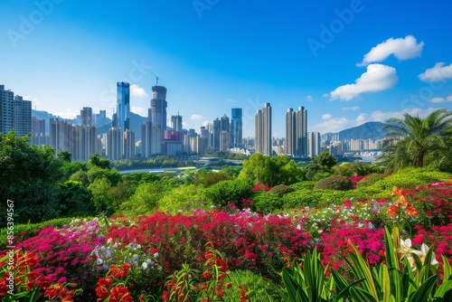 A breathtaking view of a modern city skyline with lush greenery and flowers in the foreground
