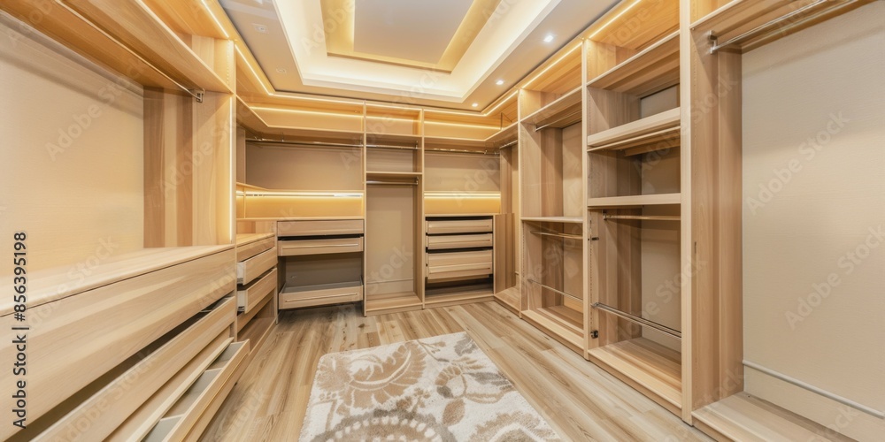 Fototapeta premium Modern walk-in closet with wood shelving and drawers