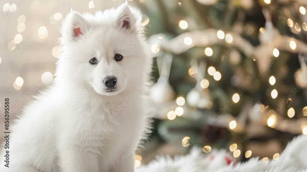 Obraz premium Samoyed puppy sitting with Christmas tree backdrop Text space