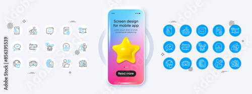 Home moving, Jobless and Fingerprint line icons. Phone mockup with 3d star icon. Pack of Smile chat, Vip access, Online discounts icon. Warning message, Search employee, Text message pictogram. Vector