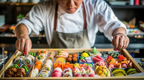A chef is preparing a tray of sushi. The sushi is arranged in a variety of shapes and sizes, with some pieces being larger and others smaller