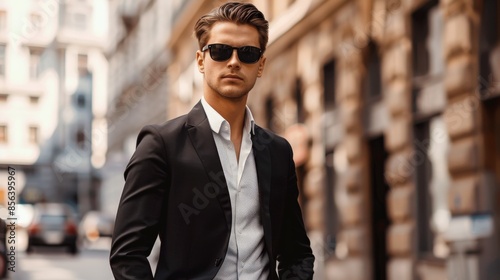 A man in a suit and sunglasses stands on a city street. He is wearing a white shirt and a black jacket © Alice a.