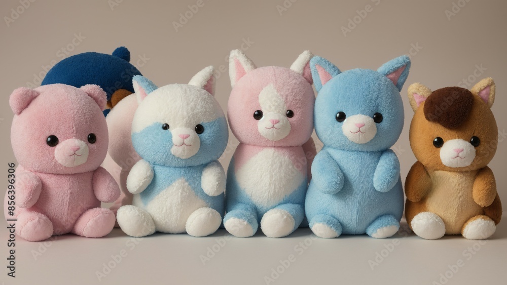 Obraz premium Cute plush toys as gifts, soft pastels, on a high contrast background.