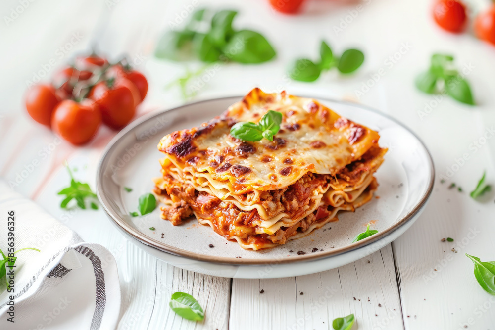 Delicious Plate of Beef Lasagna on a Wooden Table Delicious Plate of Beef Lasagna on a Wooden Table