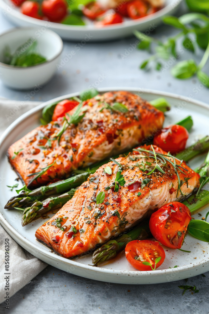 Plate of Baked Salmon with Asparagus and Tomatoes on a Wooden Table Plate of Baked Salmon with Asparagus and Tomatoes on a Wooden Table