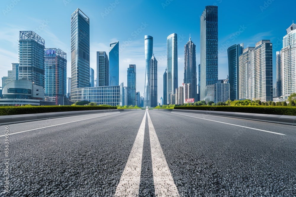 A dynamic view of a modern city skyline with a wide, empty road leading towards the skyscrapers A dynamic view of a modern city skyline with a wide, empty road leading towards the skyscrapers