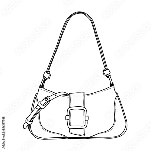 Cross body Shoulder Bag for Women Hobo Tote Handbag Mini Clutch Purse Line art, outline vector doodle illustration front view, isolated on white background